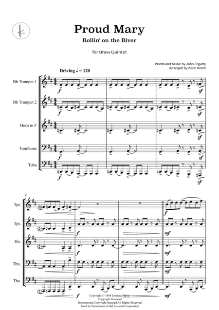 Free Sheet Music Proud Mary Rollin On The River Brass Quintet