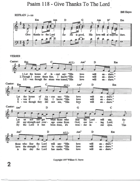 Psalm 118 Givethanks To The Lord Song Sheet Music