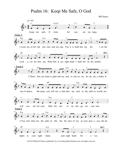 Free Sheet Music Psalm 16 Keep Me Safe O God