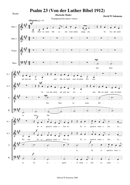 Psalm 23 Der Herr Ist Mein Hirte For Choir Male Voices Or Mixed Choir Sheet Music