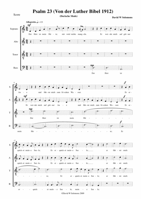Psalm 23 The Lord Is My Shepherd In Martin Luthers Translation Der Herr Ist Mein Hirte For Satb Choir In D Dorian Sheet Music