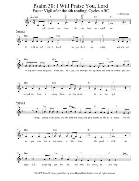 Psalm 30 I Will Praise You Lord Easter Vigil 4th Psalm Sheet Music