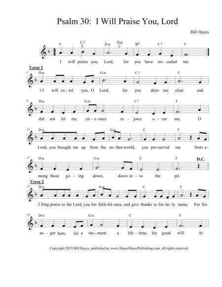 Psalm 30 I Will Praise You Lord Sheet Music