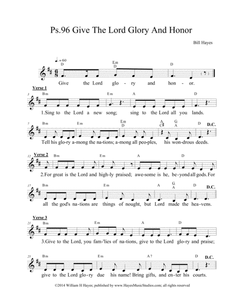 Psalm 96 Give The Lord Glory And Honor Sheet Music