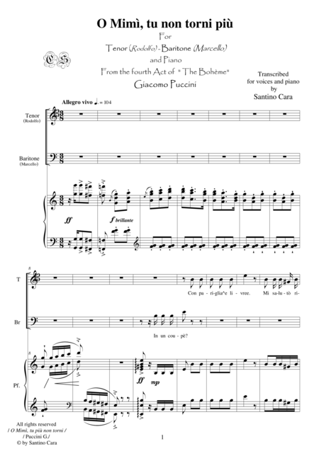 Puccini La Bohme Act4 O Mim Tu Pi Non Torni Tenor Baritone Piano Sheet Music