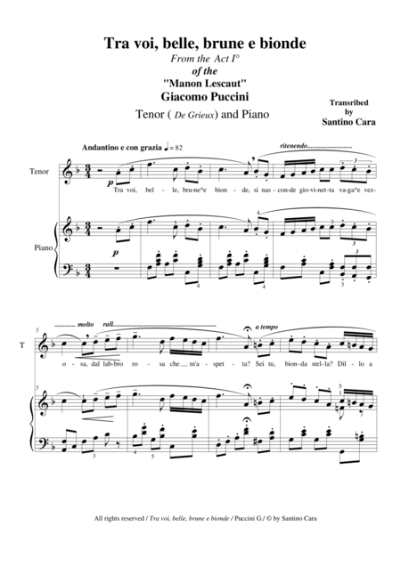 Free Sheet Music Puccini Manon Lescaut Act 1 Tra Voi Belle Brune E Bionde Tenor And Piano