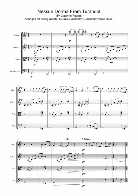 Puccini Nessun Dorma For String Quartet Score And Parts Sheet Music