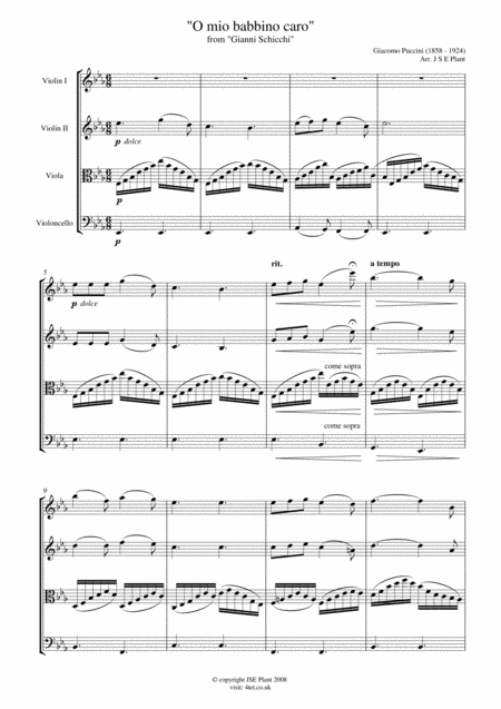 Puccini O Mio Babino Caro For String Quartet Score And Parts Sheet Music