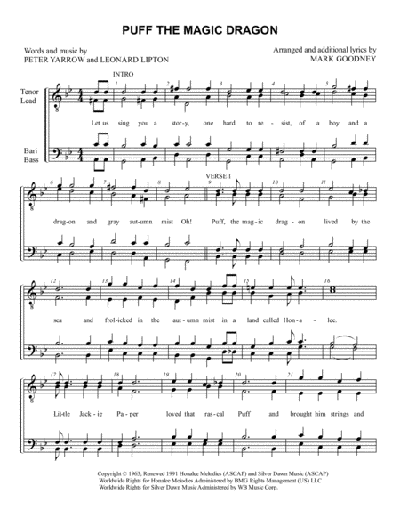 Puff The Magic Dragon Barbershop Men Ttbb Chorus Quartet Sheet Music