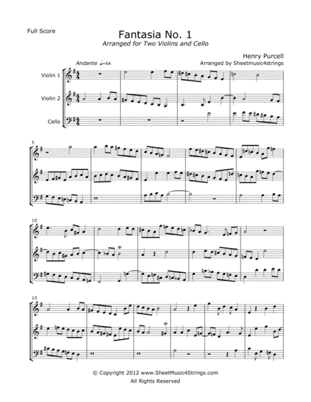 Purcell H Fantasia No 1 For Two Violins And Cello Sheet Music