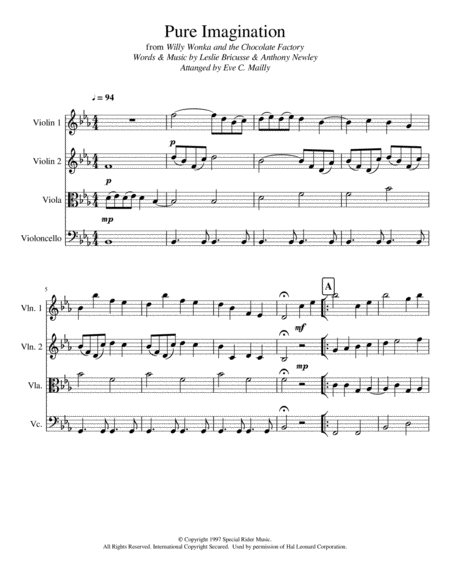 Pure Imagination From Willy Wonka The Chocolate Factory String Quartet Sheet Music