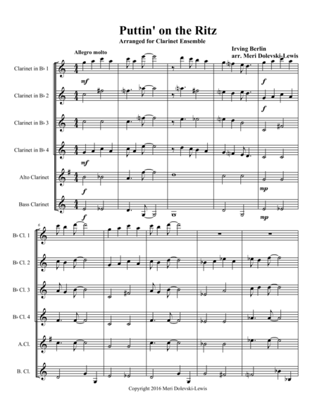 Puttin On The Ritz For Clarinet Ensemble 4 B Flat Parts Alto Clarinet Bass Clarinet Sheet Music