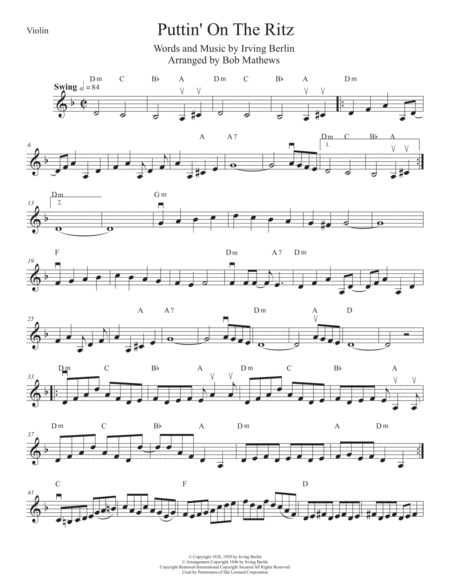 Free Sheet Music Puttin On The Ritz For Violin Viola Or Cello Solo