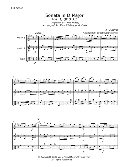 Quantz J Sonata In D Mvt 1 For Two Violins And Viola Sheet Music