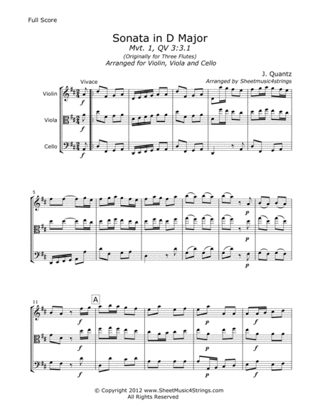 Quantz J Sonata In D Mvt 1 For Violin Viola And Cello Sheet Music