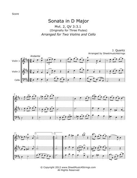 Quantz J Sonata In D Mvt 2 For Two Violins And Cello Sheet Music