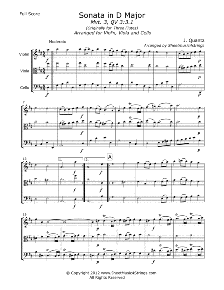 Free Sheet Music Quantz J Sonata In D Mvt 3 For Violin Viola And Cello