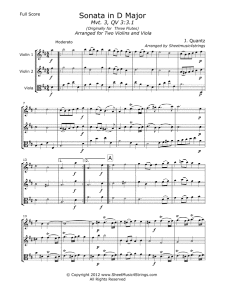 Quantz J Sonata No 1 Mvt 3 For Two Violins And Viola Sheet Music