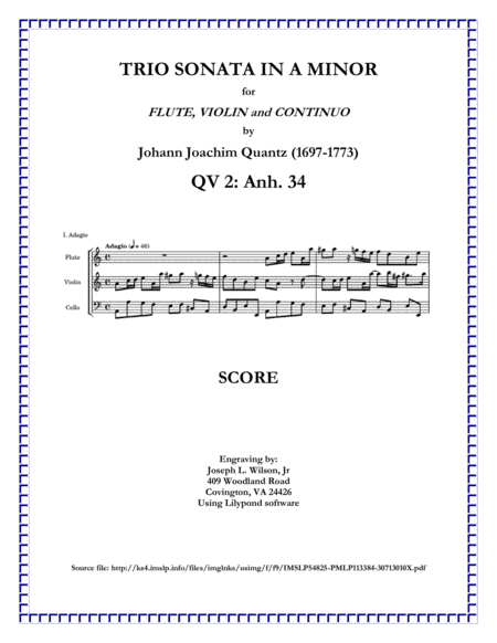 Quantz Trio Sonata In A Minor For Flute Violin And Continuo Qv 2 Anh 34 Sheet Music
