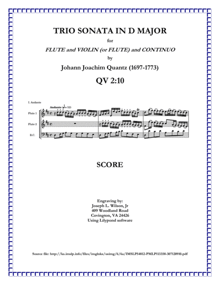 Quantz Trio Sonata In D Major For Flute Violin Or Second Flute And Continuo Qv 2 10 Sheet Music