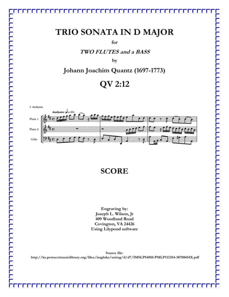 Quantz Trio Sonata In D Major Qv 2 12 Sheet Music