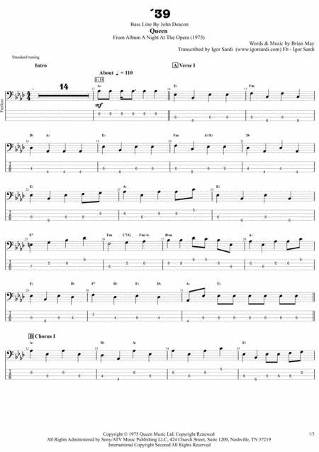 Queen 39 Complete Bass Transcription Whit Tab Sheet Music