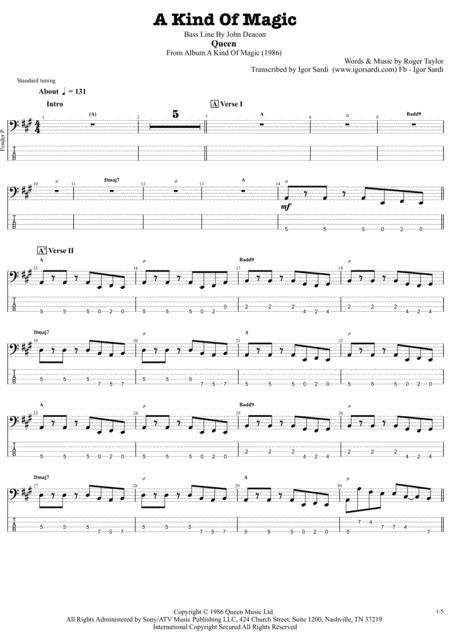 Queen A Kind Of Magic Complete And Accurate Bass Transcription Whit Tab Sheet Music