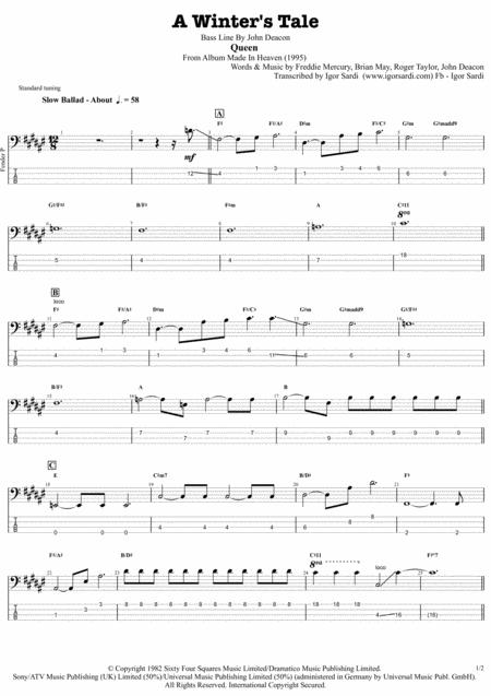 Queen A Winters Tale Bass Transcription Whit Tab Sheet Music