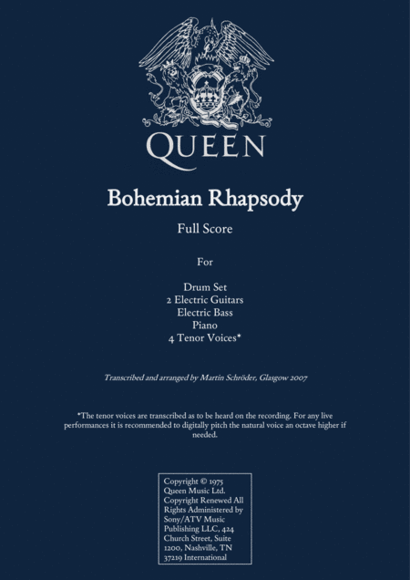 Queen Bohemian Rhapsody For Rock Band And 4 Tenor Voices Transcription Sheet Music