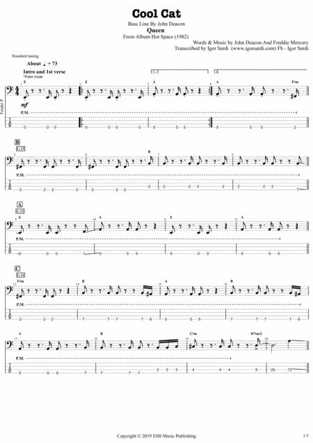 Free Sheet Music Queen Cool Cat Bass Transcription