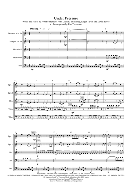 Queen David Bowie Under Pressure Brass Quintet Sheet Music