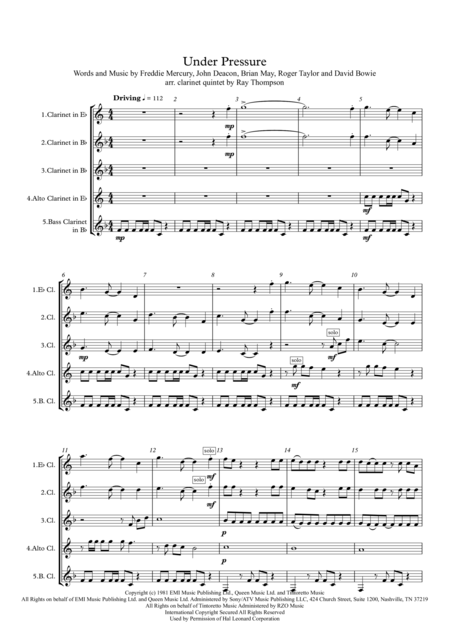 Free Sheet Music Queen David Bowie Under Pressure Clarinet Quintet