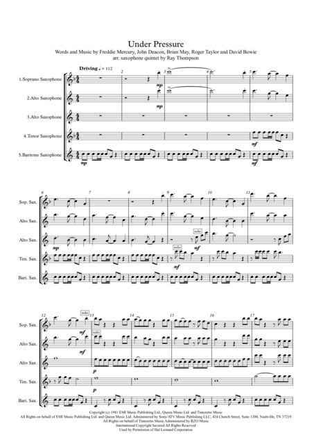 Queen David Bowie Under Pressure Saxophone Quintet Sheet Music