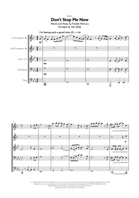 Queen Dont Stop Me Now For Brass Quintet Sheet Music