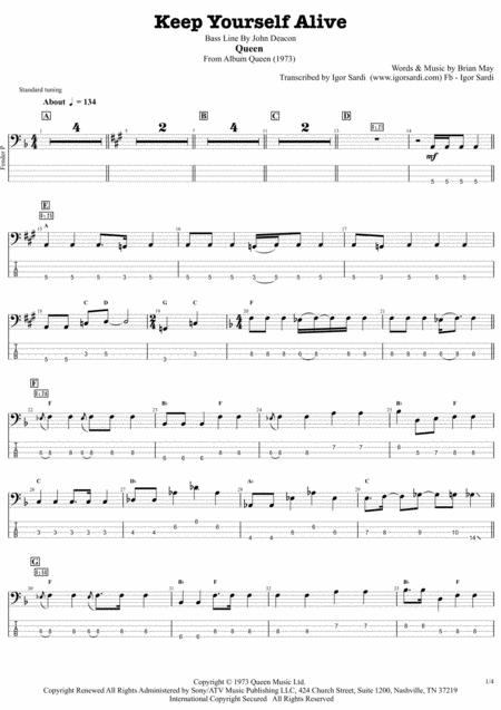 Free Sheet Music Queen Keep Yourself Alive Complete And Accurate Bass Transcription Whit Tab