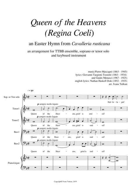 Queen Of The Heaven Regina Coeli Ttbb Soprano Or Tenor Solo Piano Full Version F Major Sheet Music