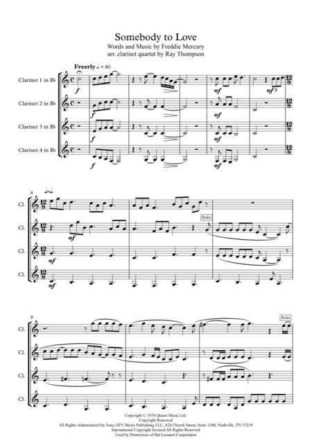 Queen Somebody To Love Clarinet Quartet Sheet Music