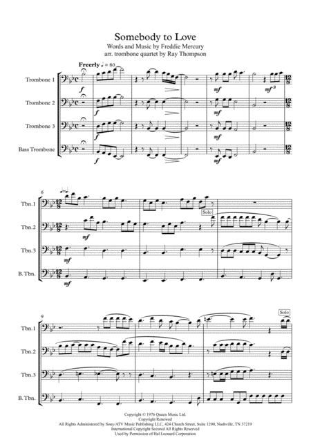 Queen Somebody To Love Trombone Quartet Sheet Music