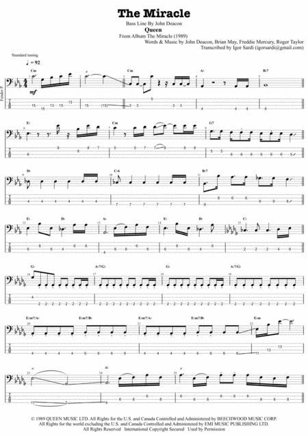 Queen The Miracle Bass Transcription Sheet Music