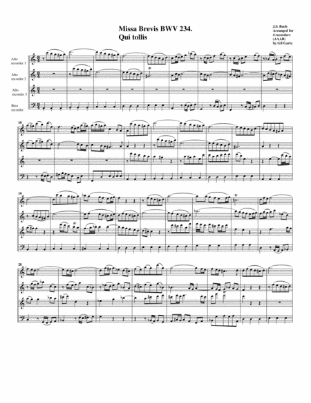 Qui Tollis From Missa Brevis Bwv 234 Arrangement For 4 Recorders Sheet Music