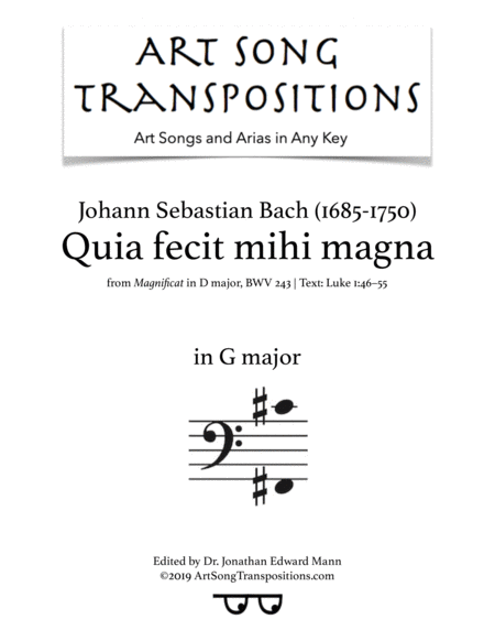 Free Sheet Music Quia Fecit Mihi Magna Bwv 243 Transposed To G Major