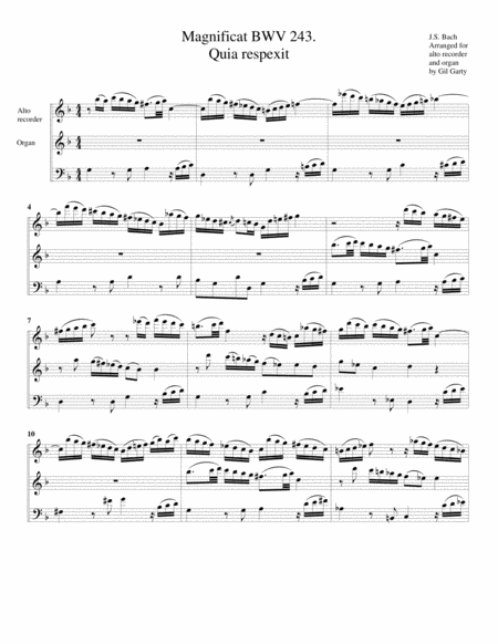 Quia Respexit From Magnificat Bwv 243 Arrangement For Alto Recorder And Organ Or Harpsichord Sheet Music