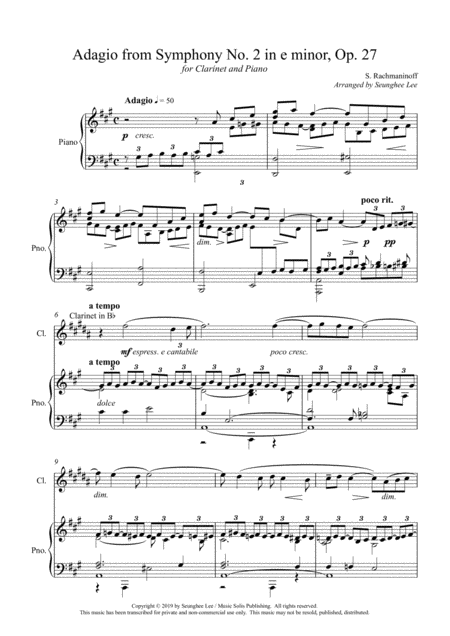 Free Sheet Music Rachmaninoff Adagio From Symphony No 2 For Clarinet And Piano Arr Seunghee Lee