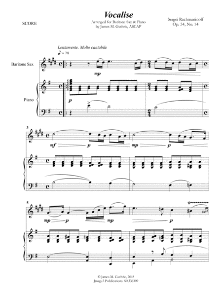 Free Sheet Music Rachmaninoff Vocalise For Baritone Sax Piano