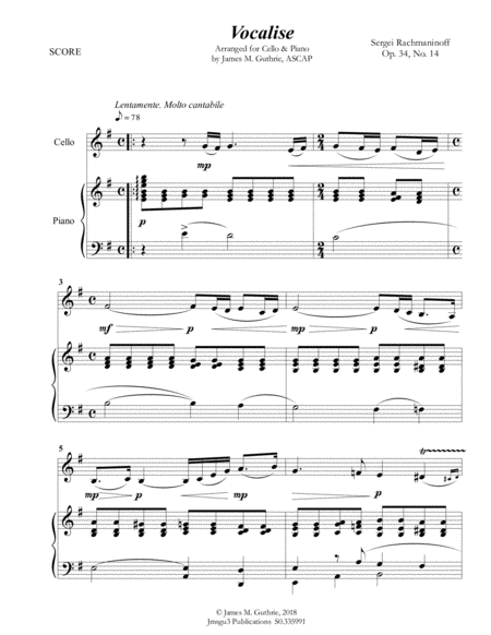 Rachmaninoff Vocalise For Cello Piano Sheet Music