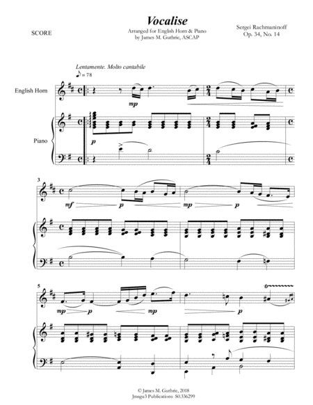 Rachmaninoff Vocalise For English Horn Piano Sheet Music