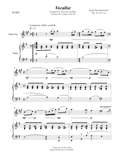 Free Sheet Music Rachmaninoff Vocalise For Tenor Sax Piano