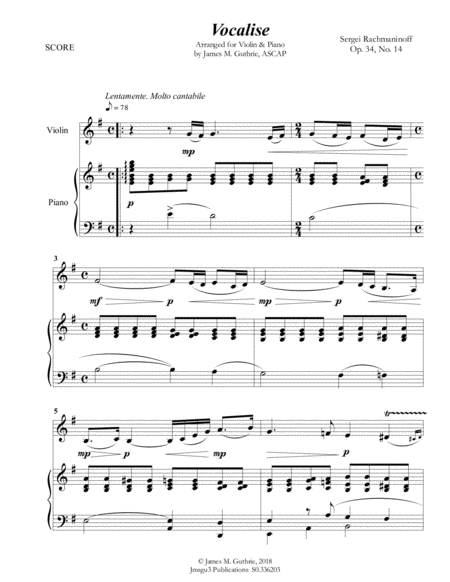 Rachmaninoff Vocalise For Violin Piano Sheet Music