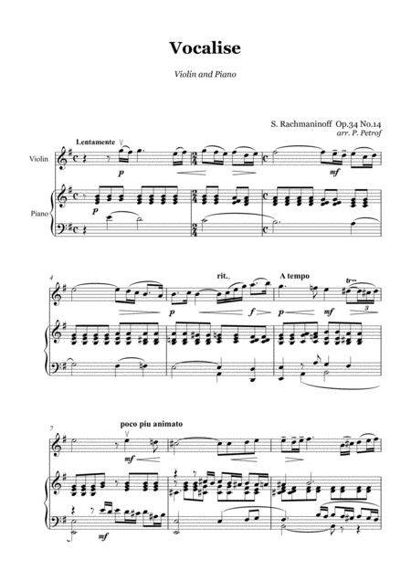 Rachmaninoff Vocalise Op 34 No 14 Violin And Piano Sheet Music