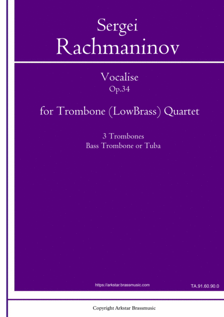 Rachmaninov Vocalise For Low Brass Trombone Quartet Sheet Music